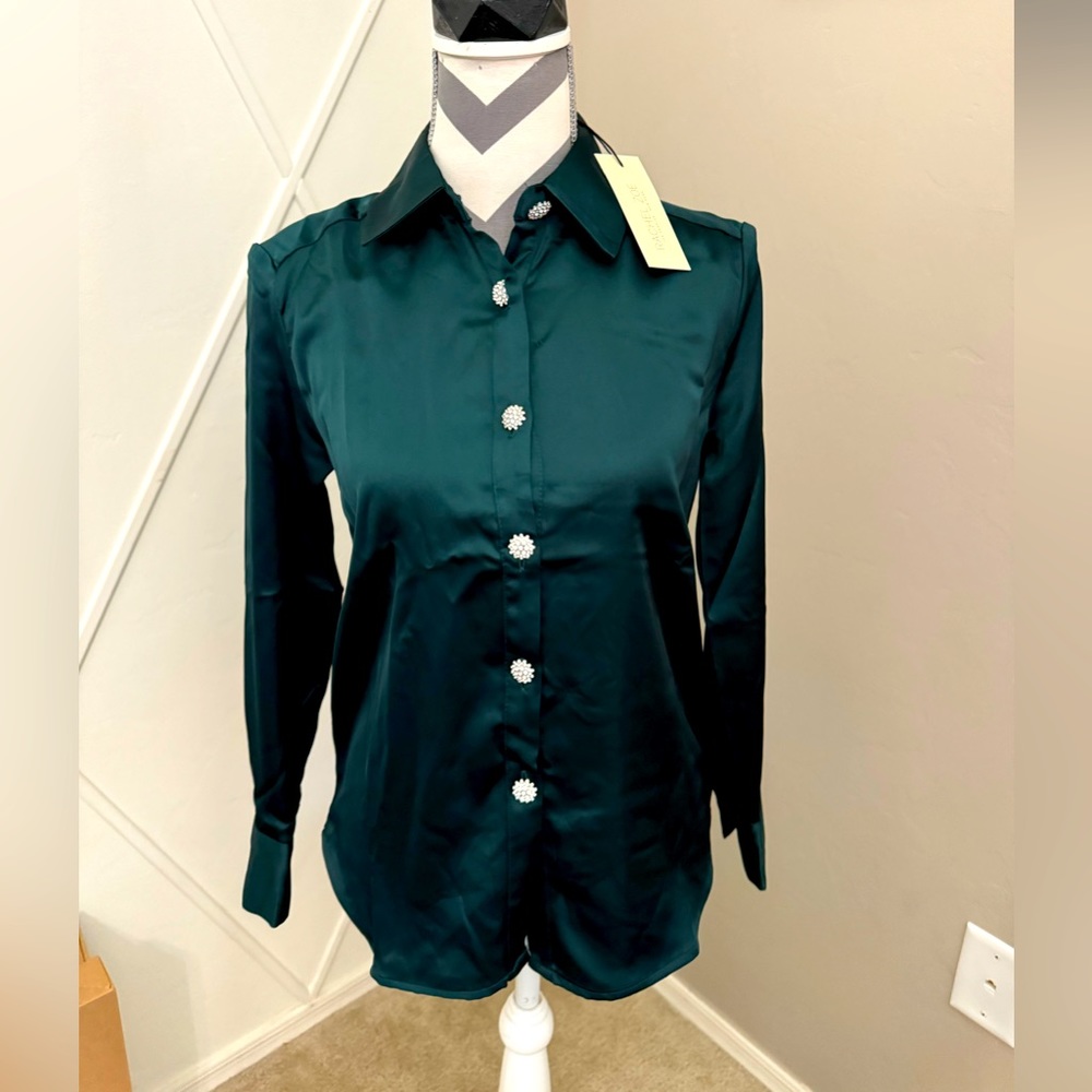 NWT Rachel Zoe Emerald Green with jewel buttons button down shirt in XS